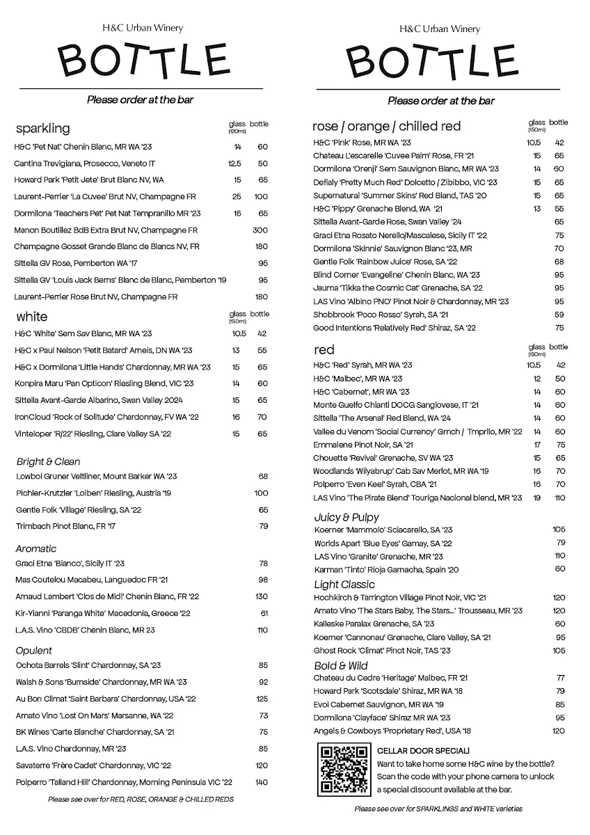 Menu, H&C Urban Winery