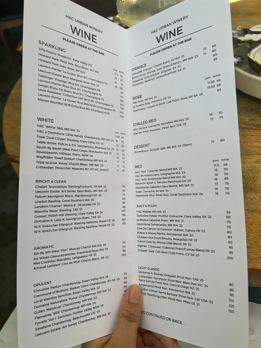 Menu, H&C Urban Winery