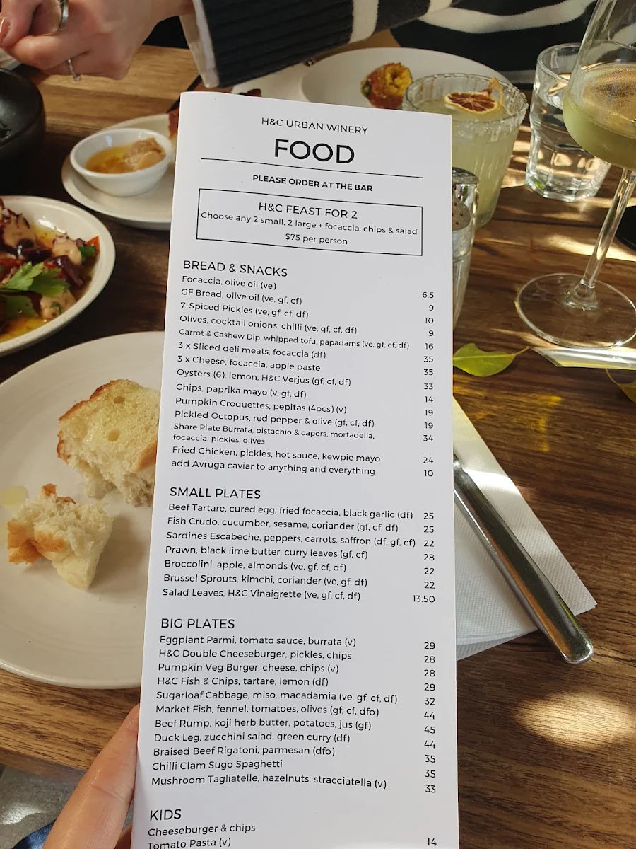 Menu, H&C Urban Winery