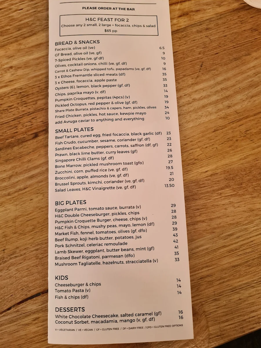 Menu, H&C Urban Winery