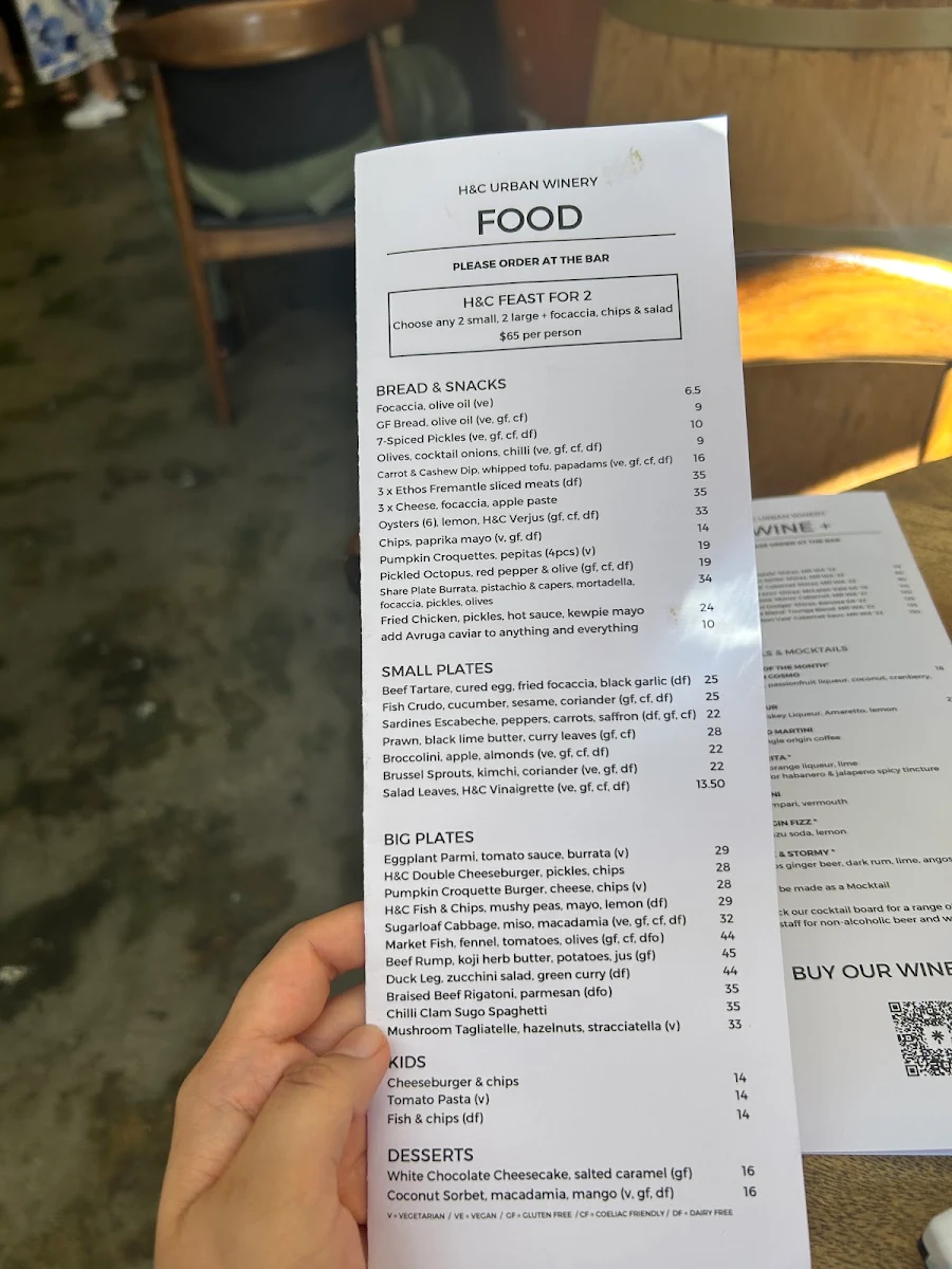 Menu, H&C Urban Winery
