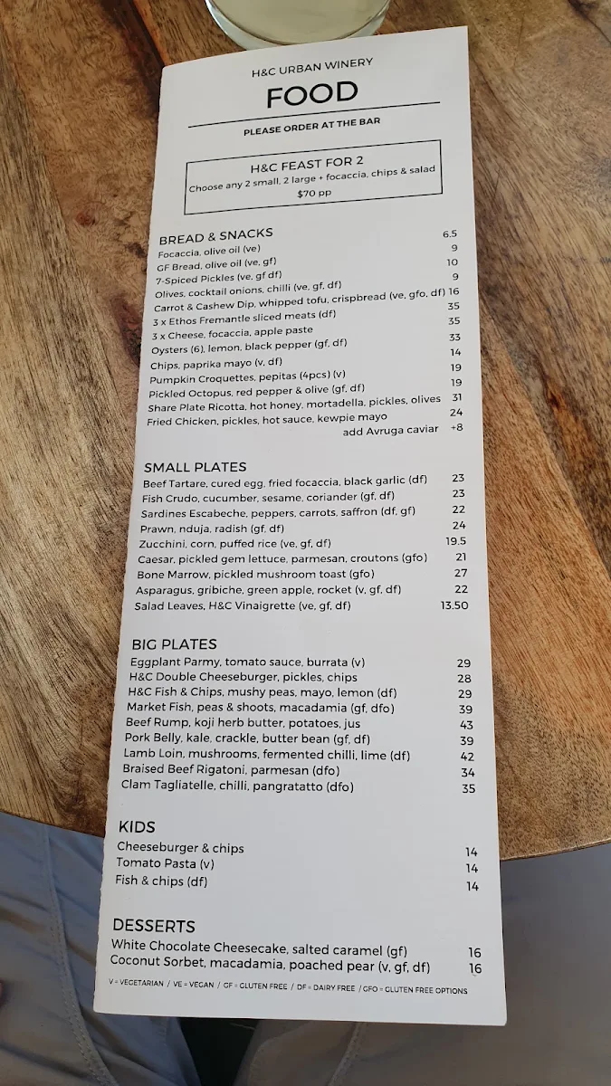 Menu, H&C Urban Winery