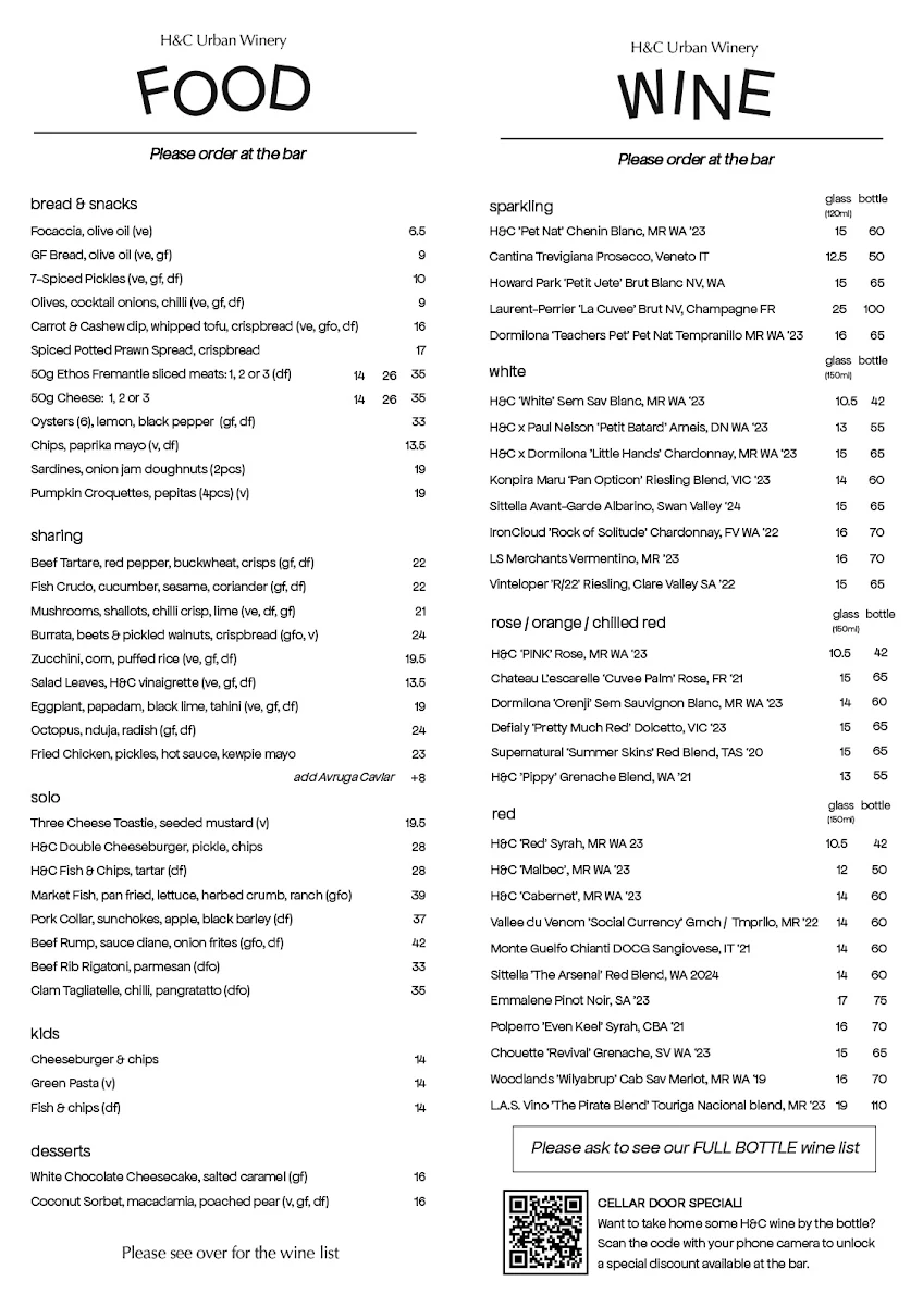Menu, H&C Urban Winery