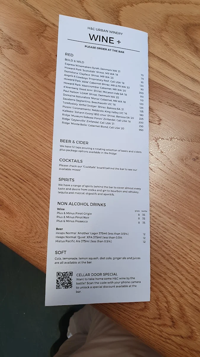 Menu, H&C Urban Winery