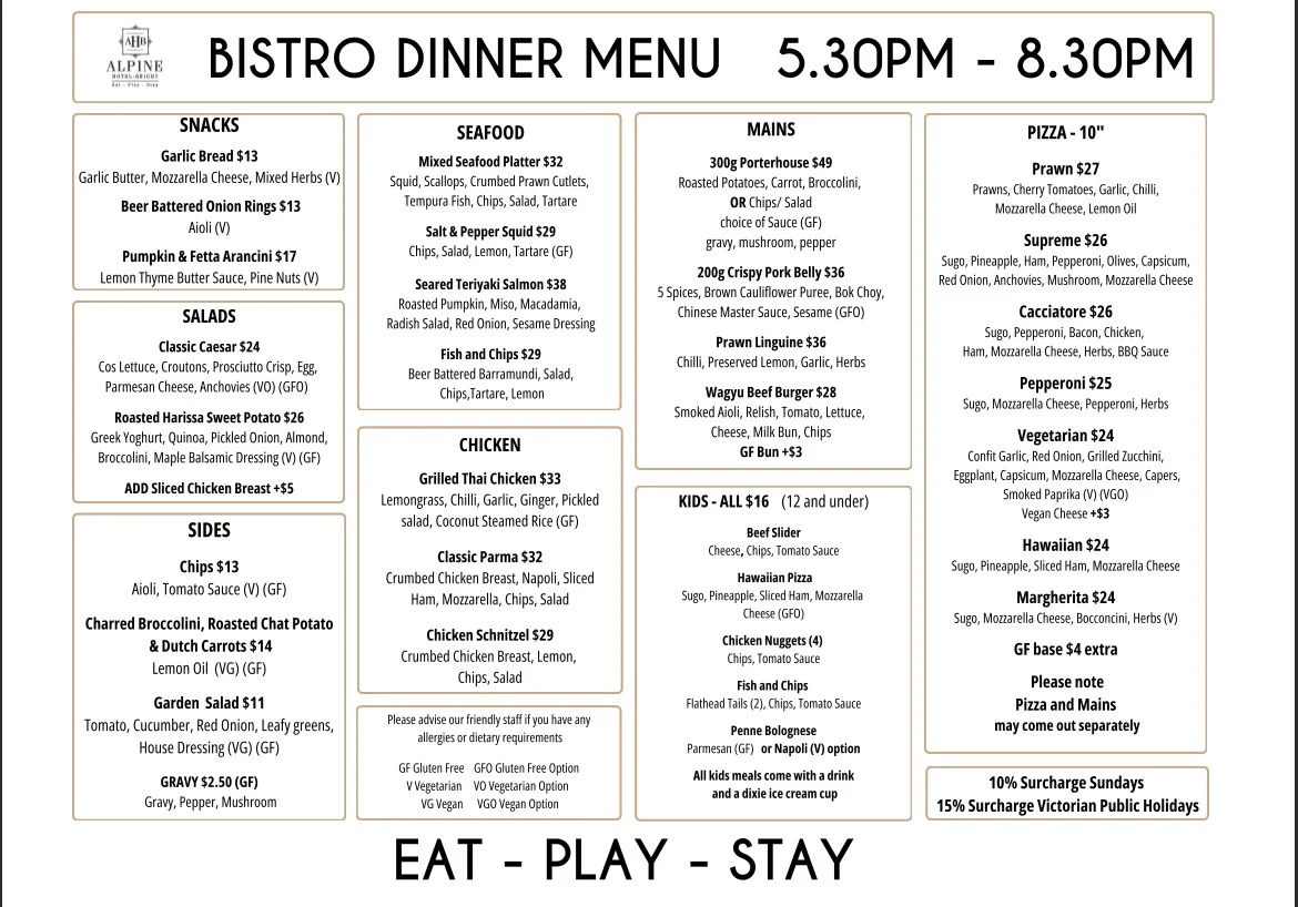 Menu, Alpine Hotel Bright