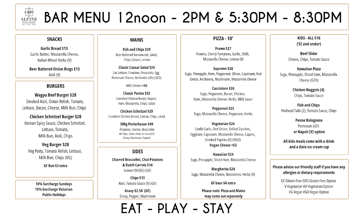 Menu, Alpine Hotel Bright