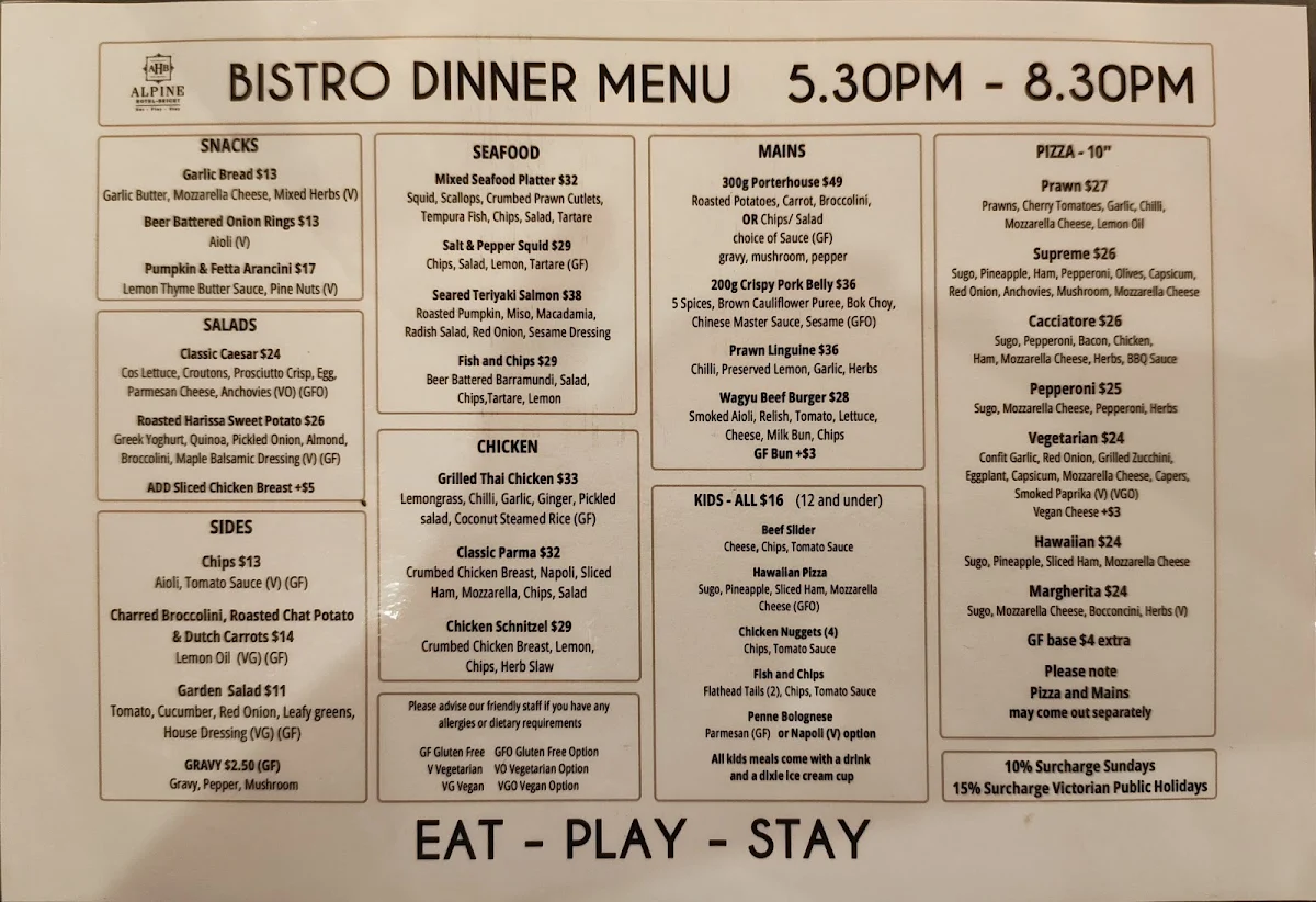 Menu, Alpine Hotel Bright