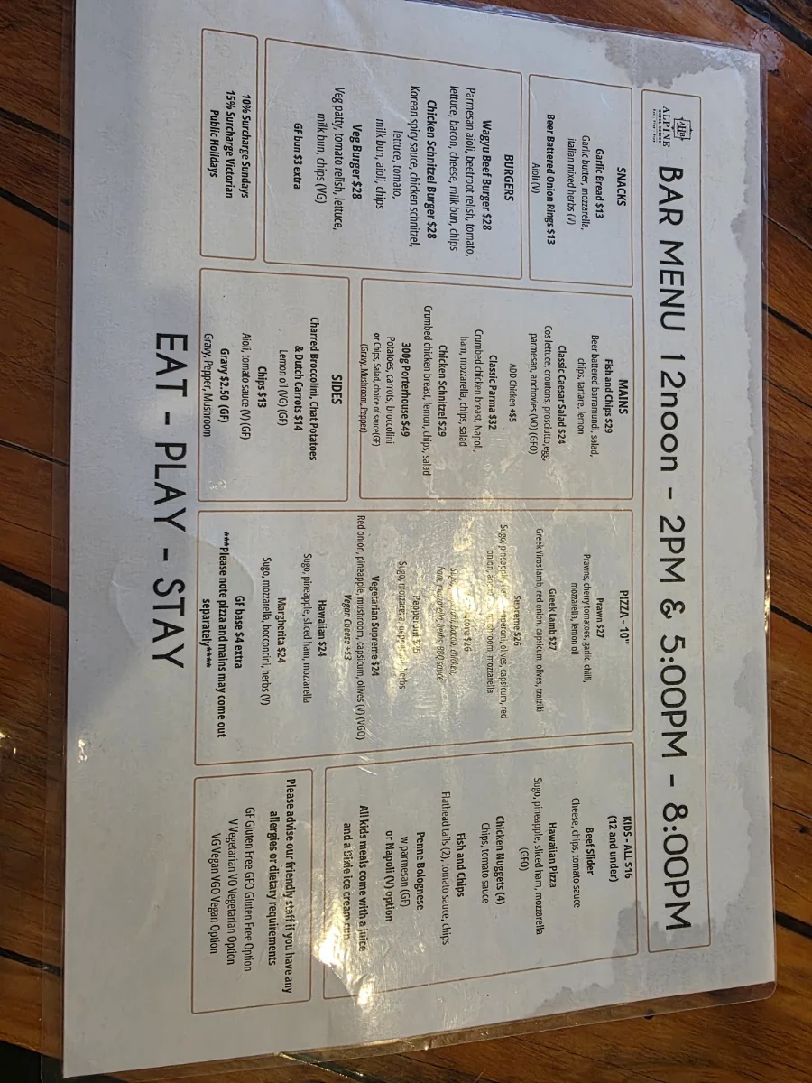 Menu, Alpine Hotel Bright