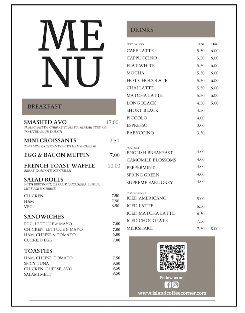 Menu, Island Coffee Corner