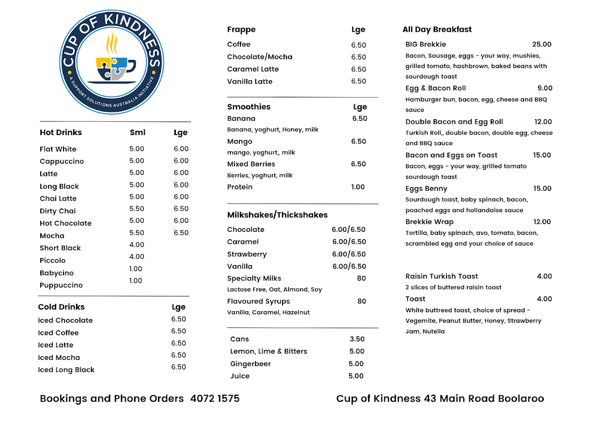 Menu, Cup of Kindness Café