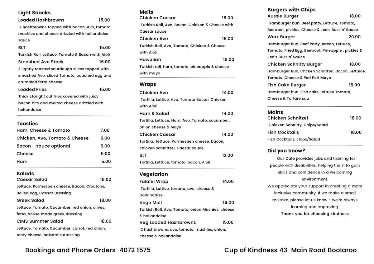 Menu, Cup of Kindness Café
