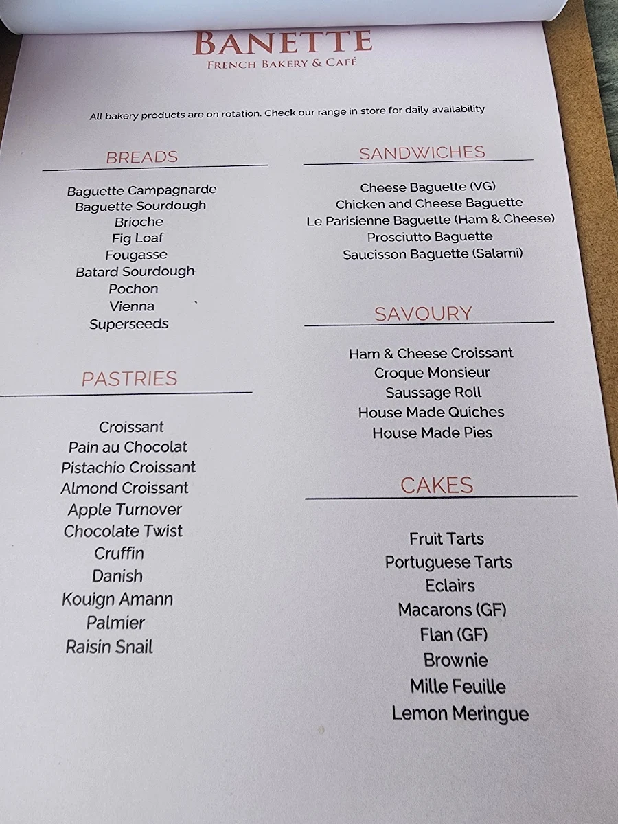 Menu, Banette Bayside