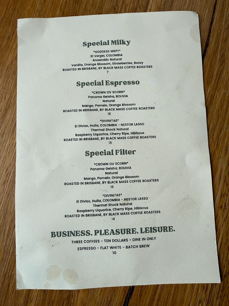 Menu, Officer Coffee