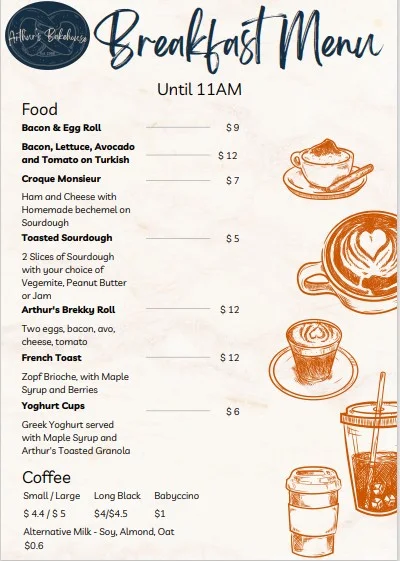 Menu, Arthur's Bakehouse