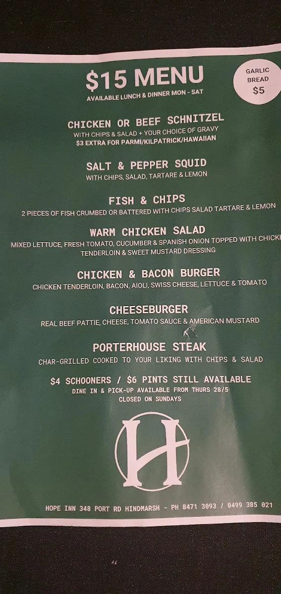 Menu, Hope Inn Hotel