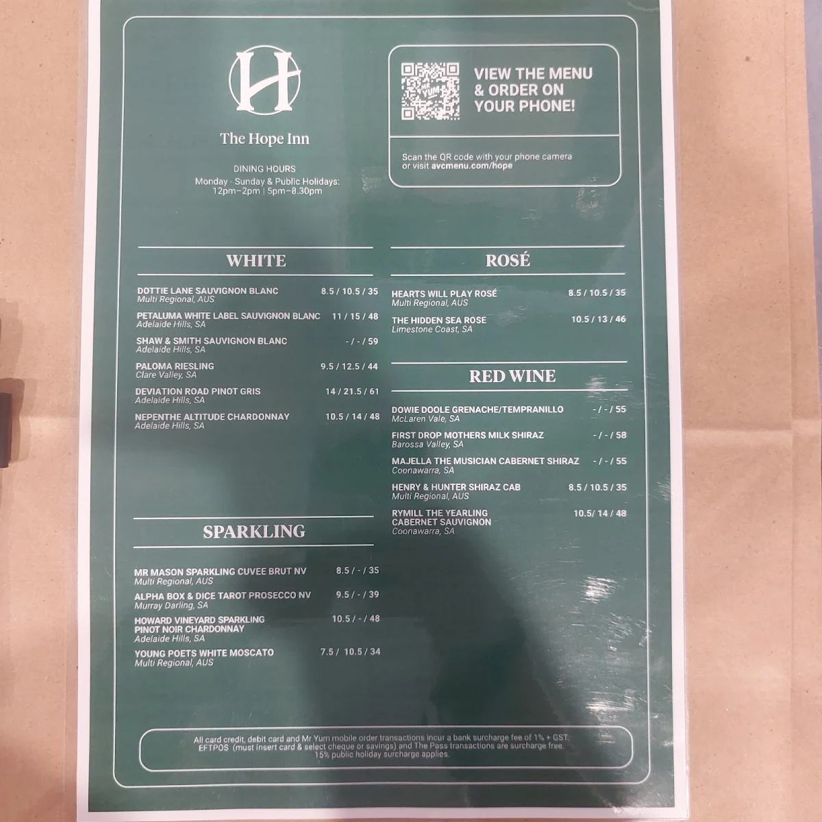 Menu, Hope Inn Hotel