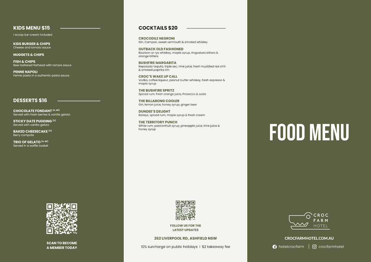 Menu, Crocodile Farm Hotel