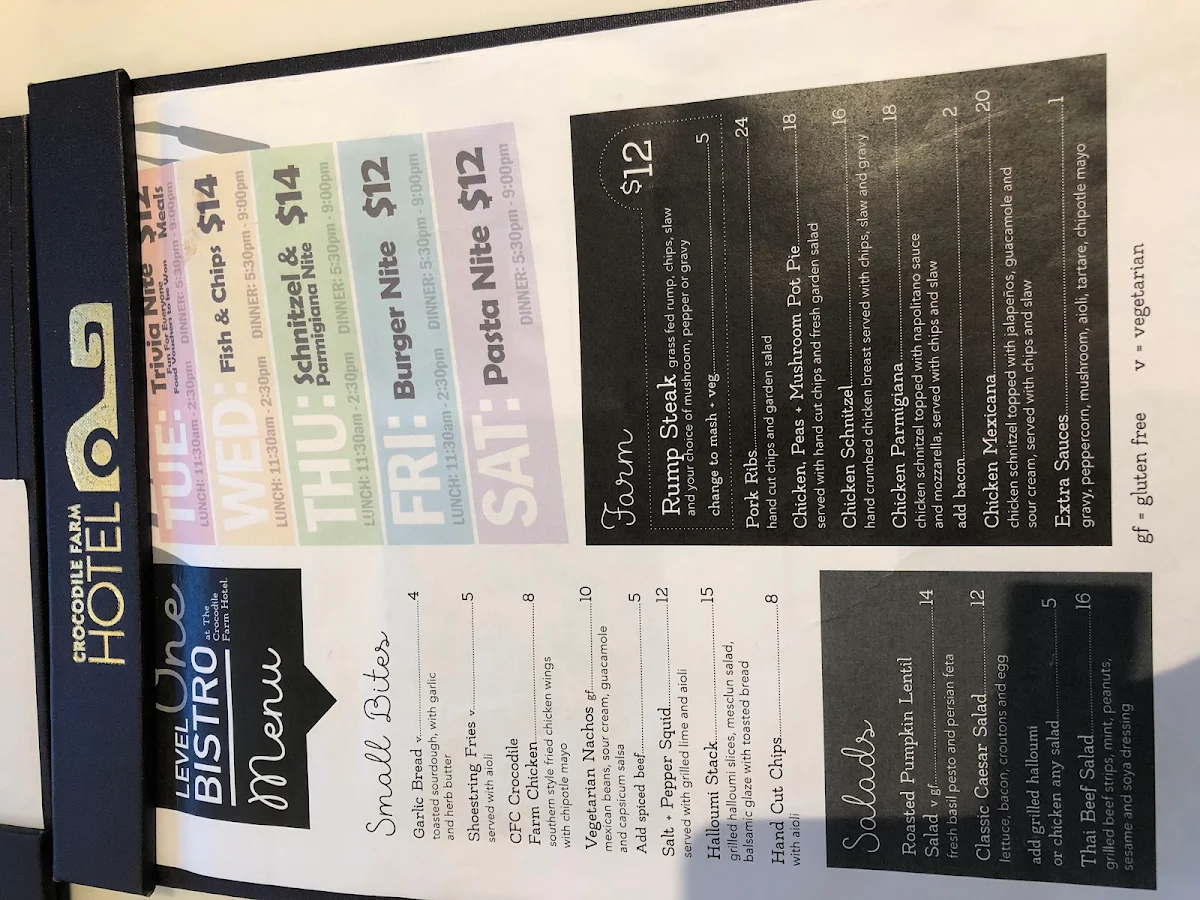 Menu, Crocodile Farm Hotel