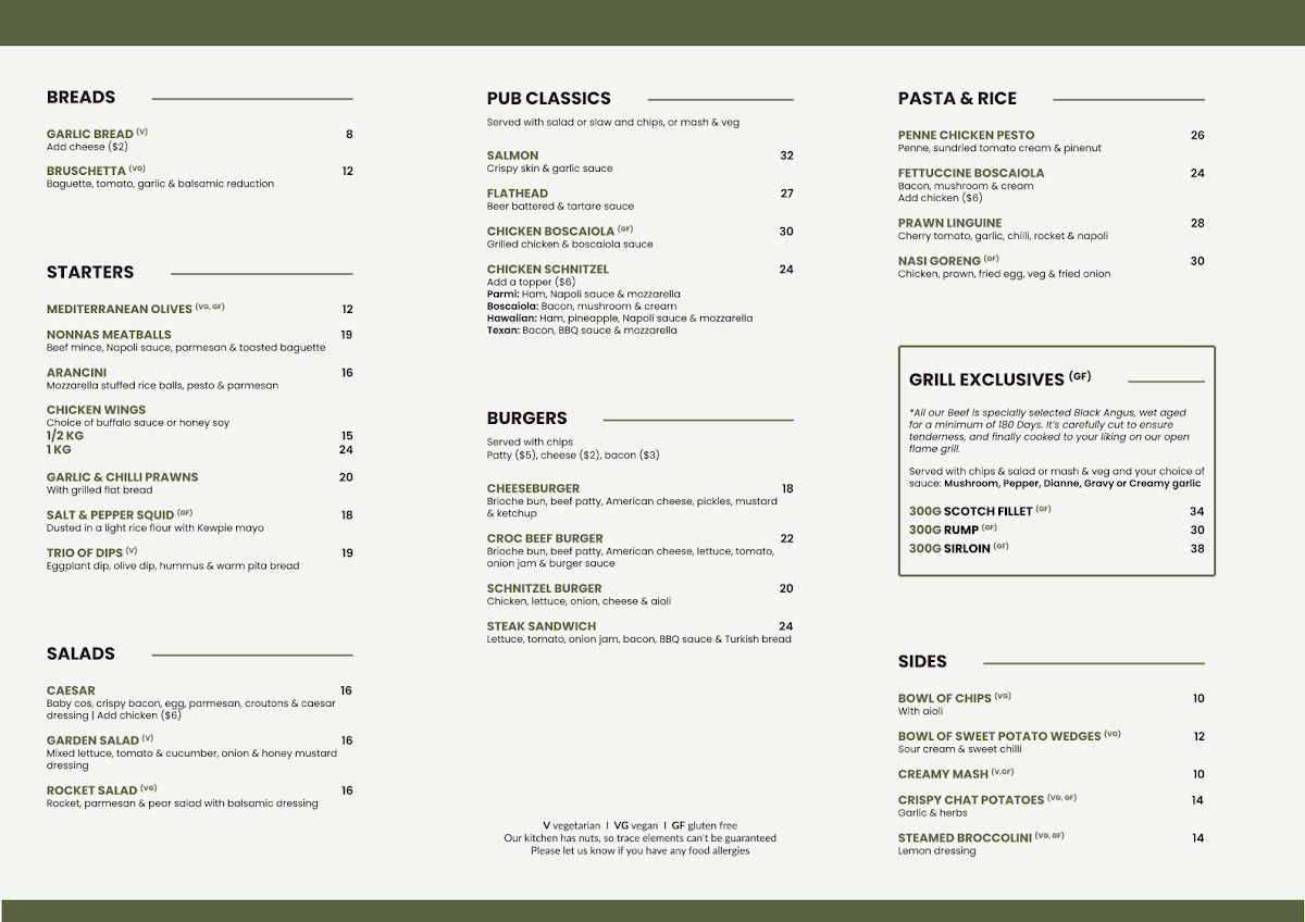 Menu, Crocodile Farm Hotel