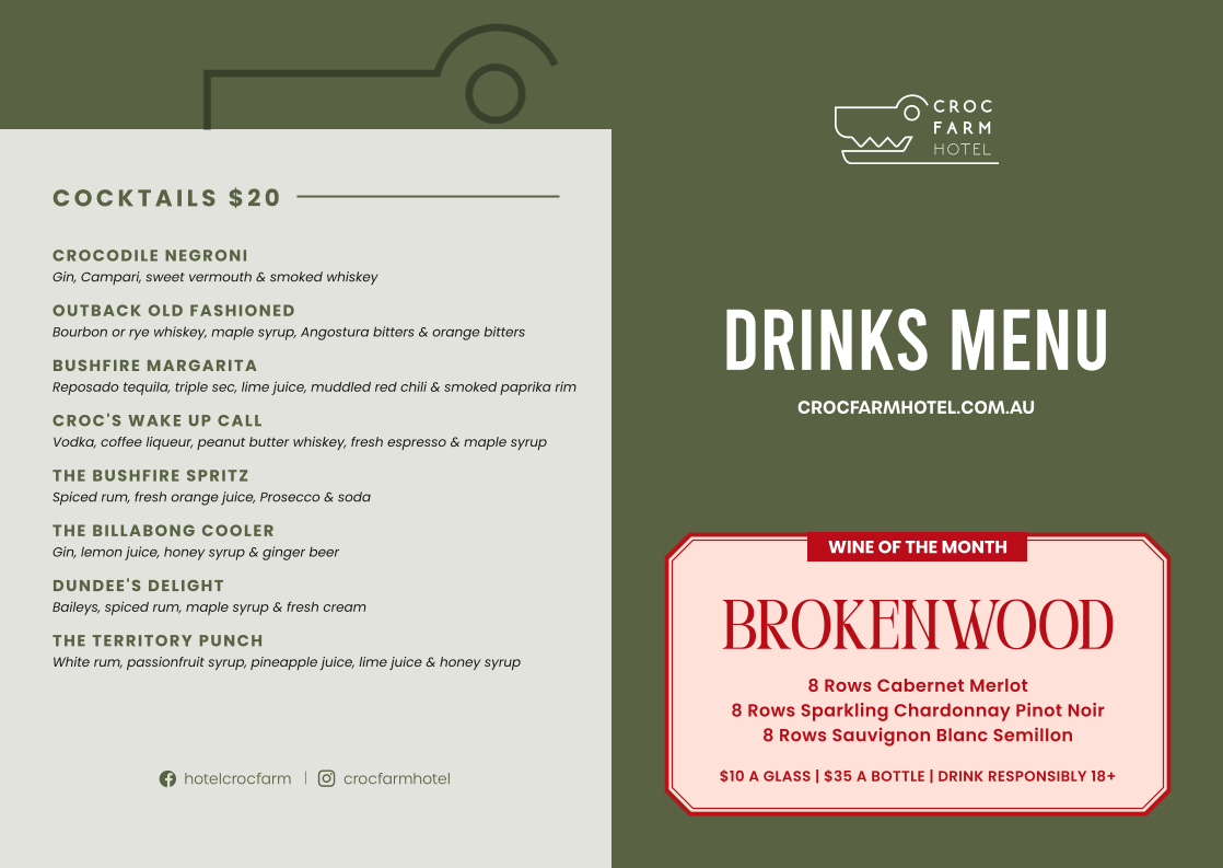 Menu, Crocodile Farm Hotel