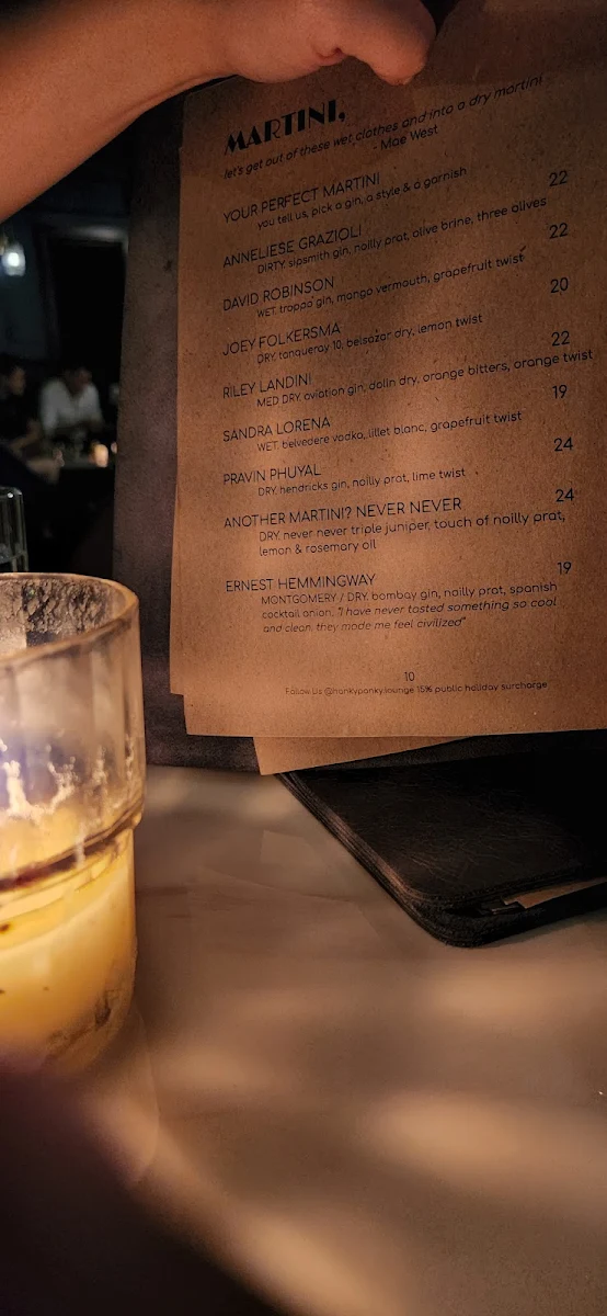 Menu, Hanky Panky Lounge