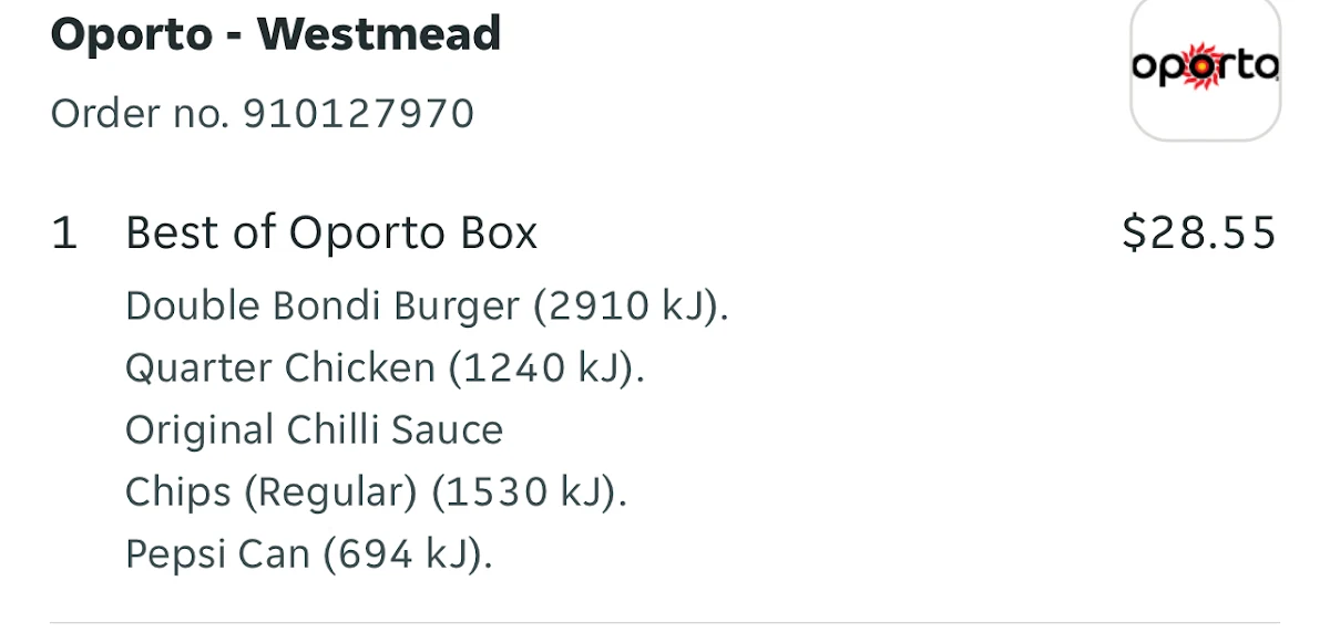 Menu, Oporto Westmead