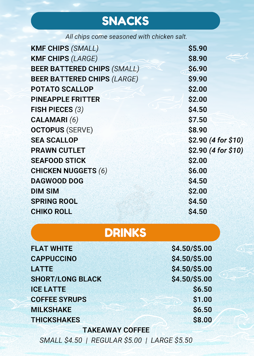 Menu, Kiss My Fish Rochedale