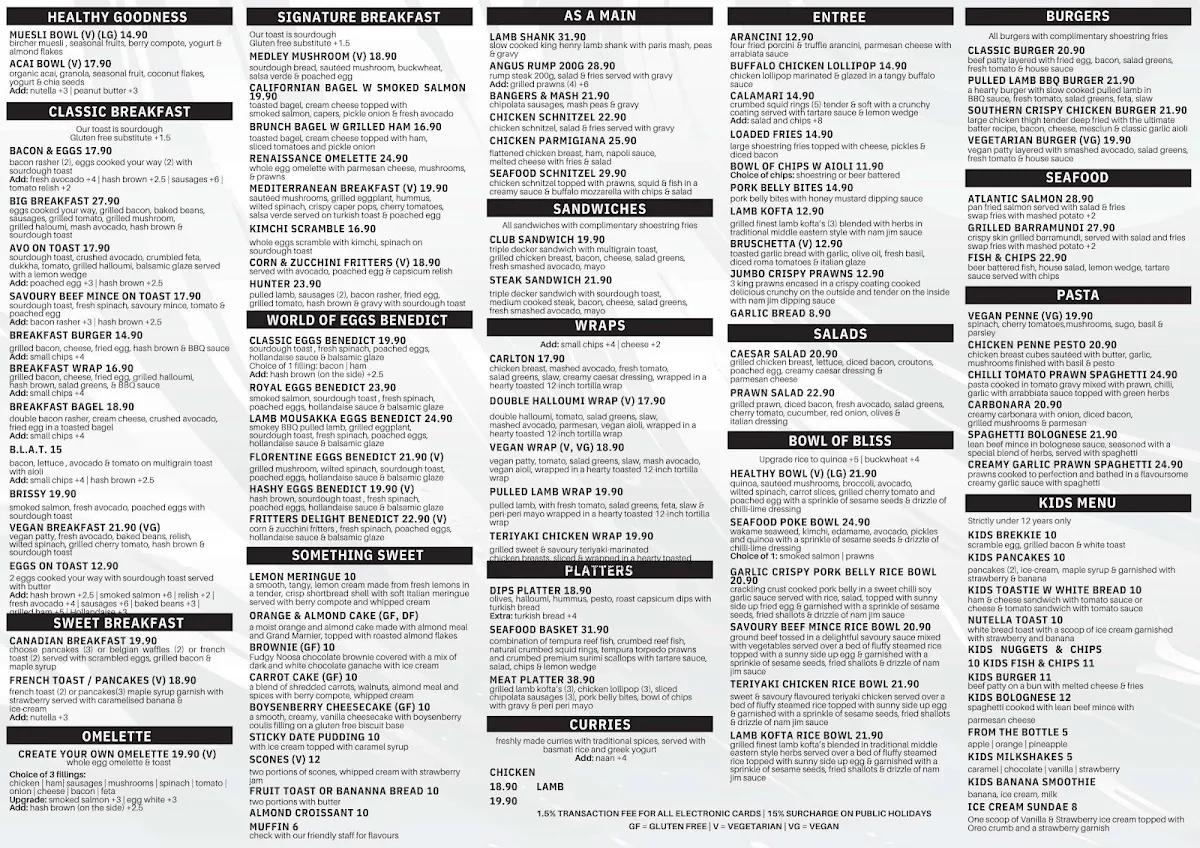 Menu, MK Cafe & Restaurant Bar New Farm