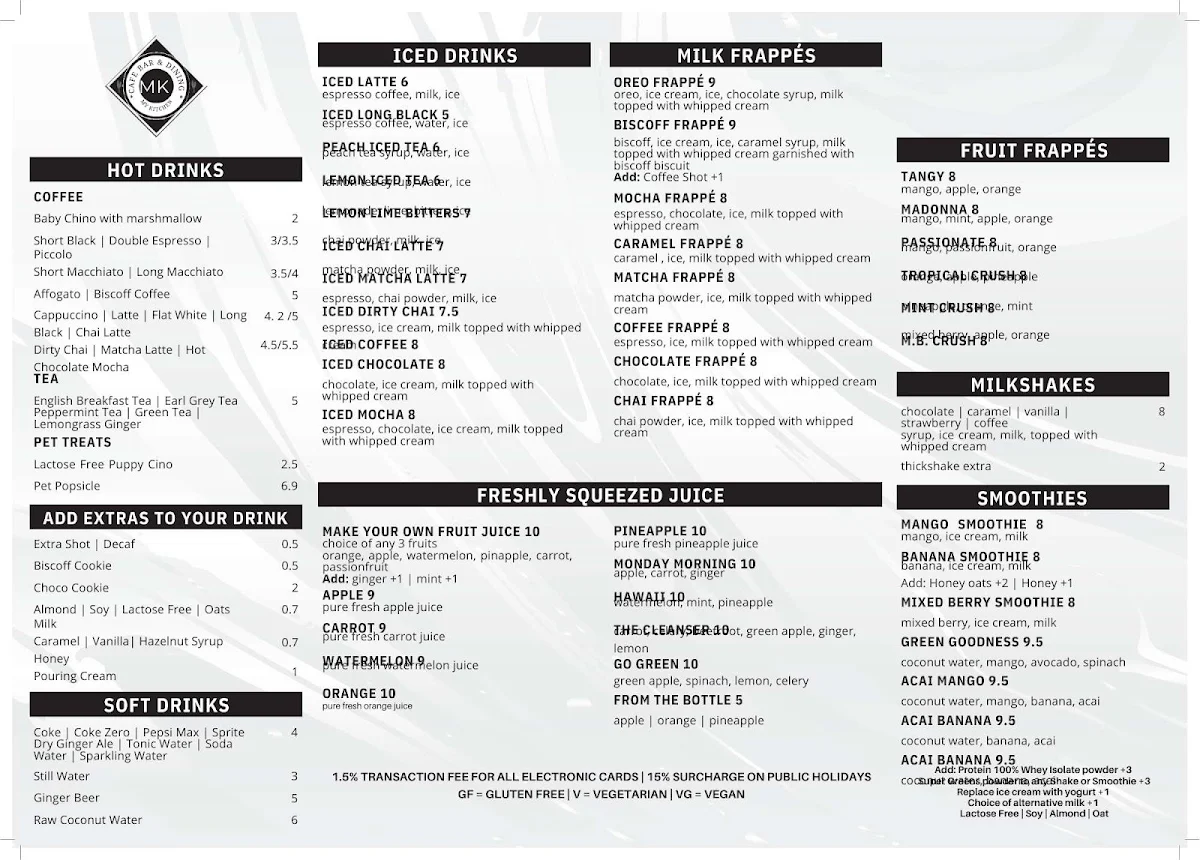 Menu, MK Cafe & Restaurant Bar New Farm