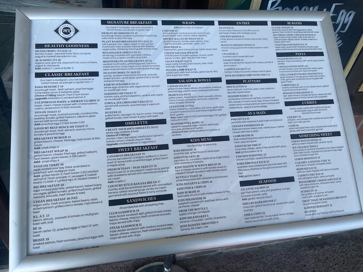 Menu, MK Cafe & Restaurant Bar New Farm