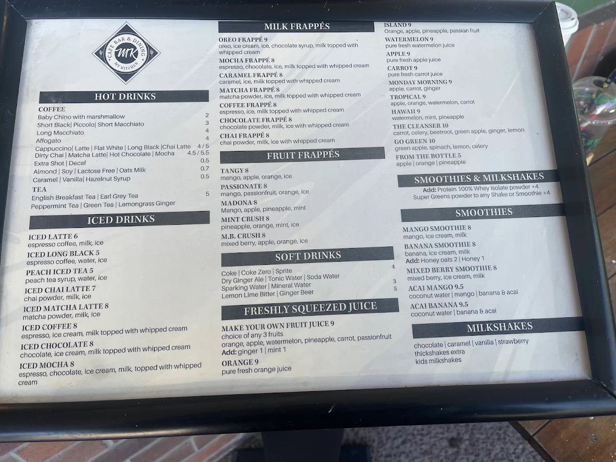 Menu, MK Cafe & Restaurant Bar New Farm