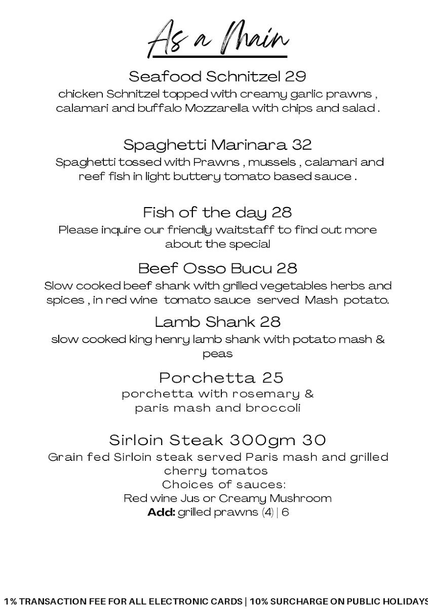 Menu, MK Cafe & Restaurant Bar New Farm