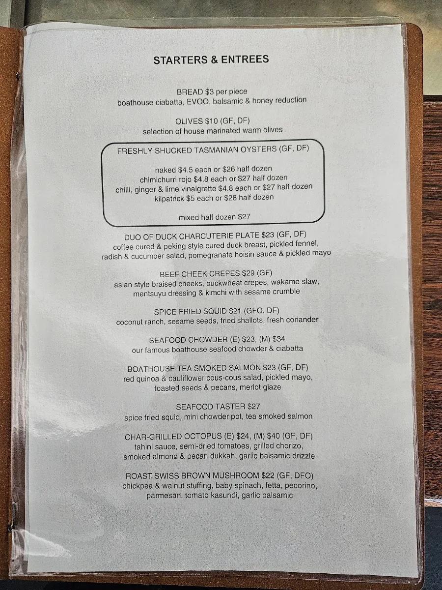 Menu, The Cornelian Bay Boathouse