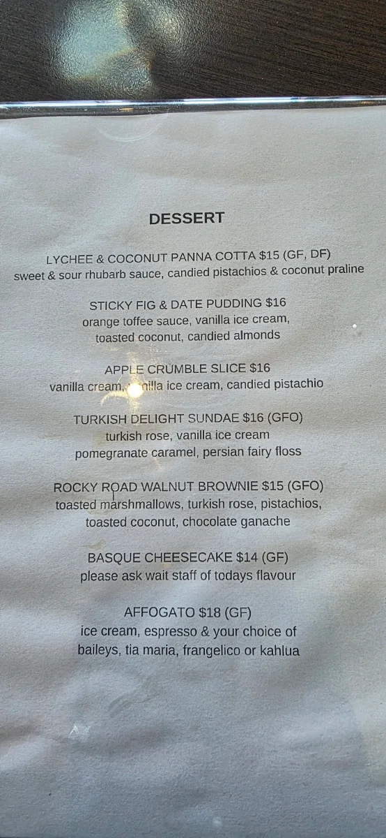 Menu, The Cornelian Bay Boathouse