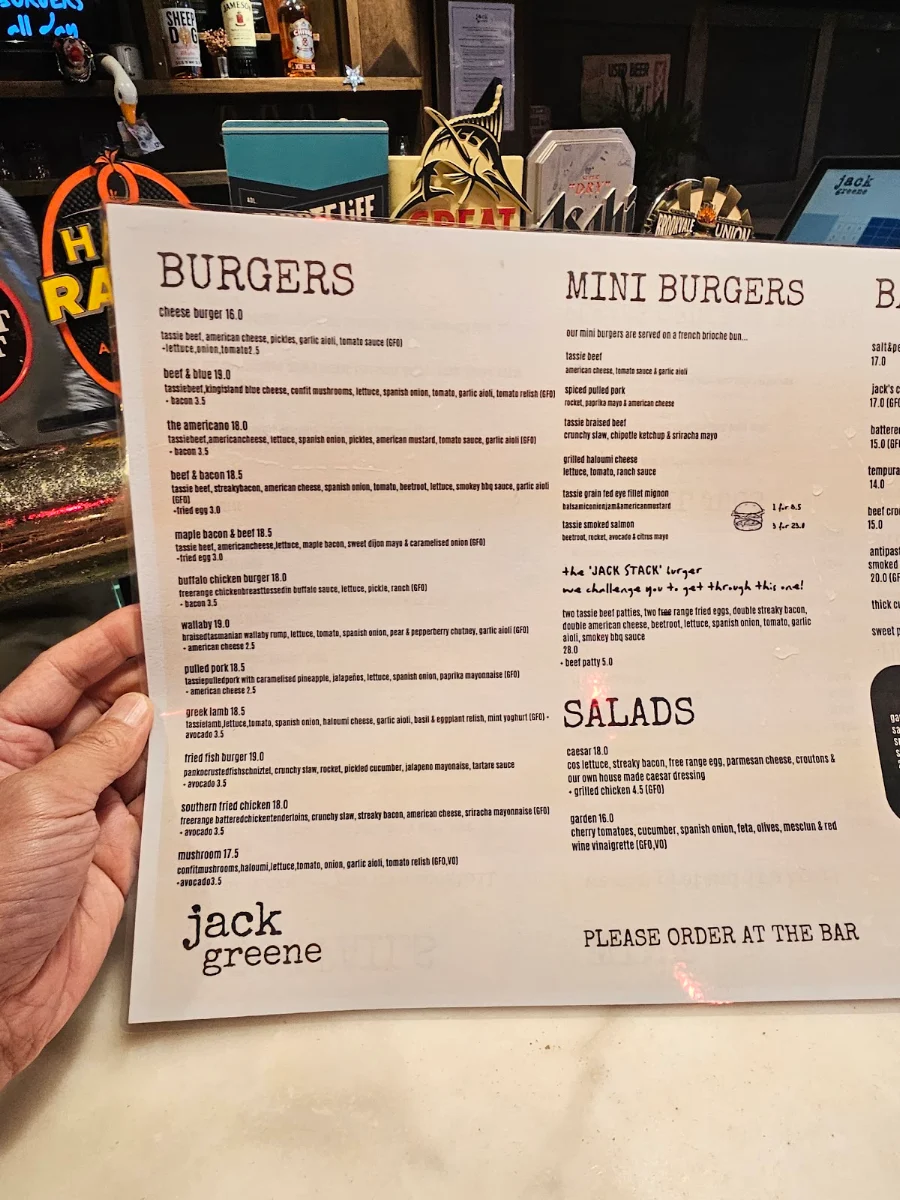 Menu, Jack Greene Bar