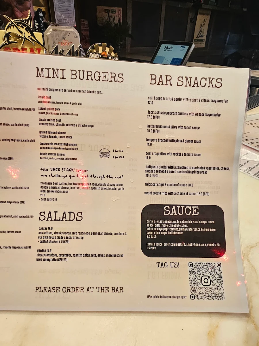 Menu, Jack Greene Bar