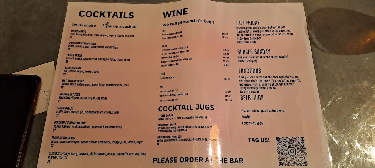 Menu, Jack Greene Bar
