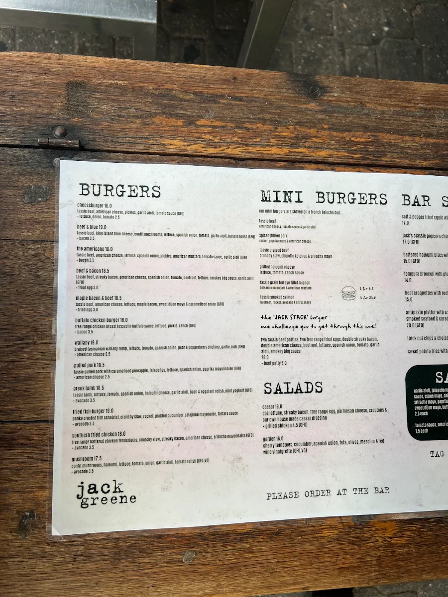 Menu, Jack Greene Bar