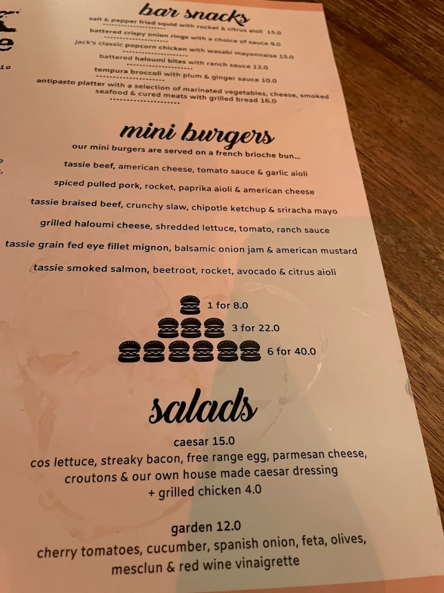 Menu, Jack Greene Bar