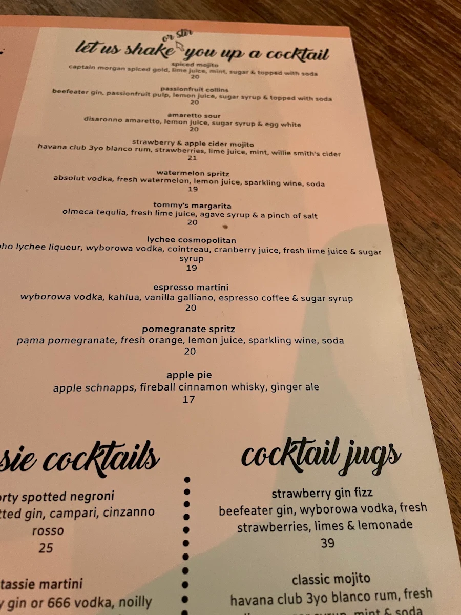 Menu, Jack Greene Bar