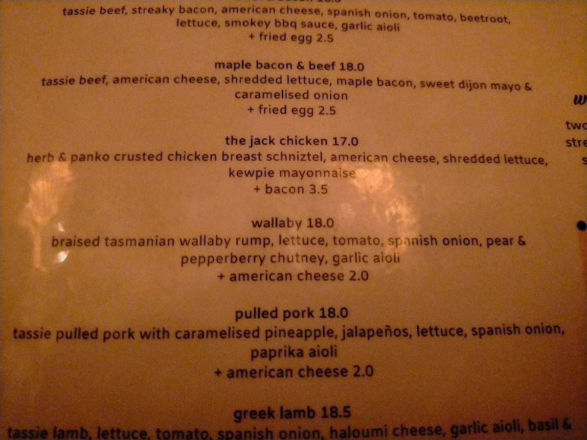 Menu, Jack Greene Bar