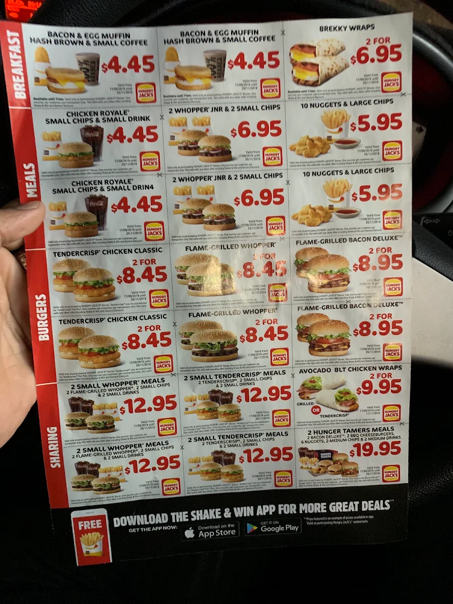 Menu, Hungry Jack's Burgers Ashfield