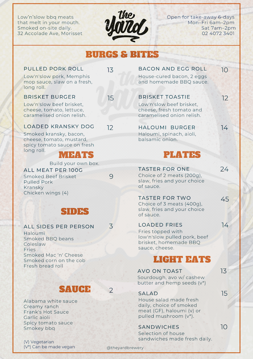 Menu, The Yard Cafe and Smokehouse