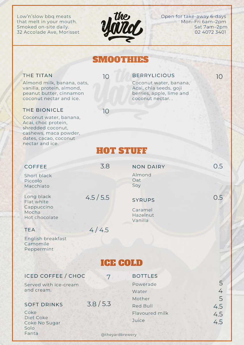 Menu, The Yard Cafe and Smokehouse