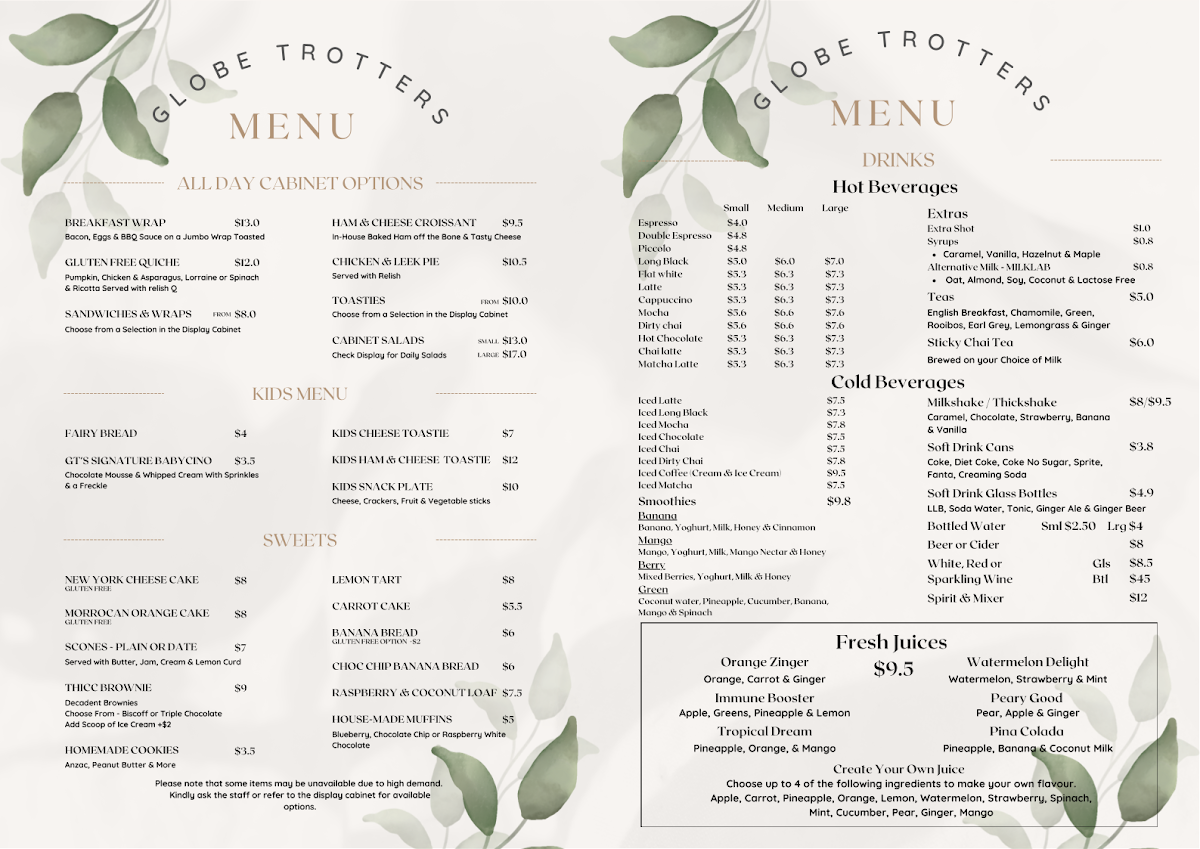 Menu, Globe Trotters Travel Cafe