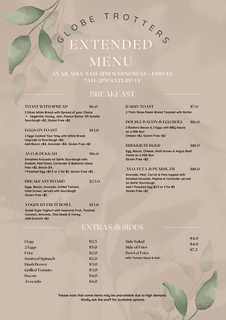 Menu, Globe Trotters Travel Cafe