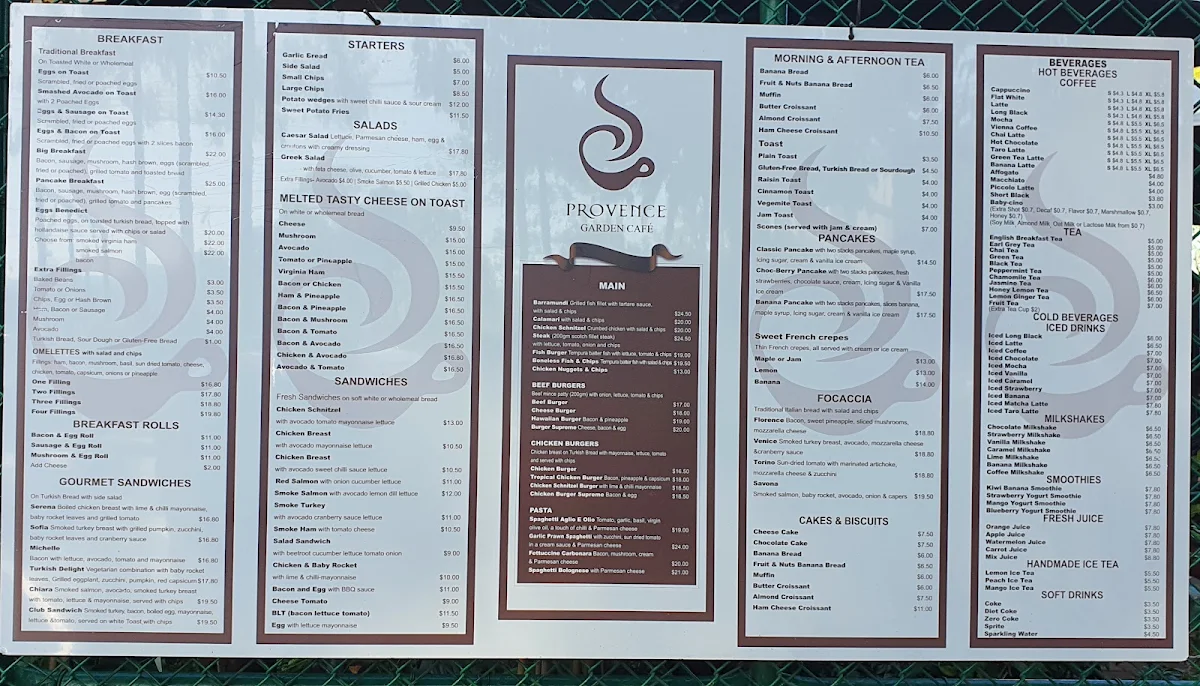 Menu, Provence Garden Cafe Eastwood