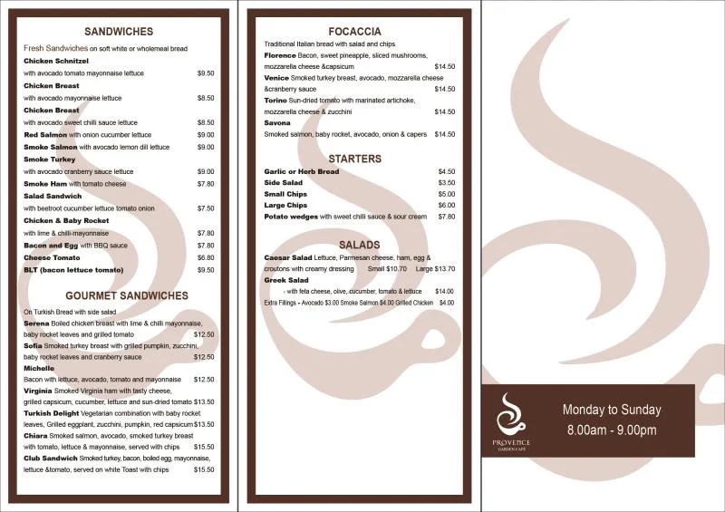 Menu, Provence Garden Cafe Eastwood