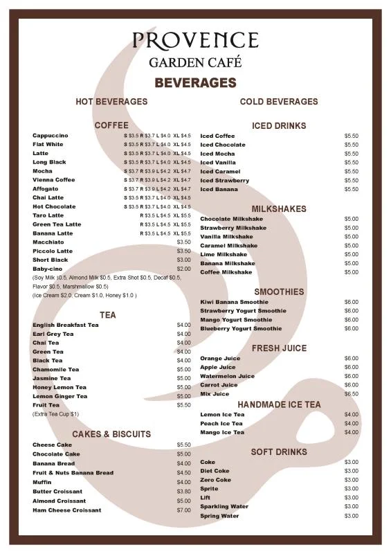 Menu, Provence Garden Cafe Eastwood