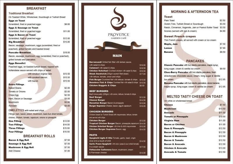 Menu, Provence Garden Cafe Eastwood